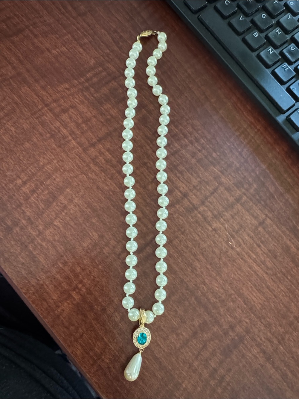 Roman brand - Gold-Accent White Pearl Necklace w/ Blue Gem and Teardrop Pendant